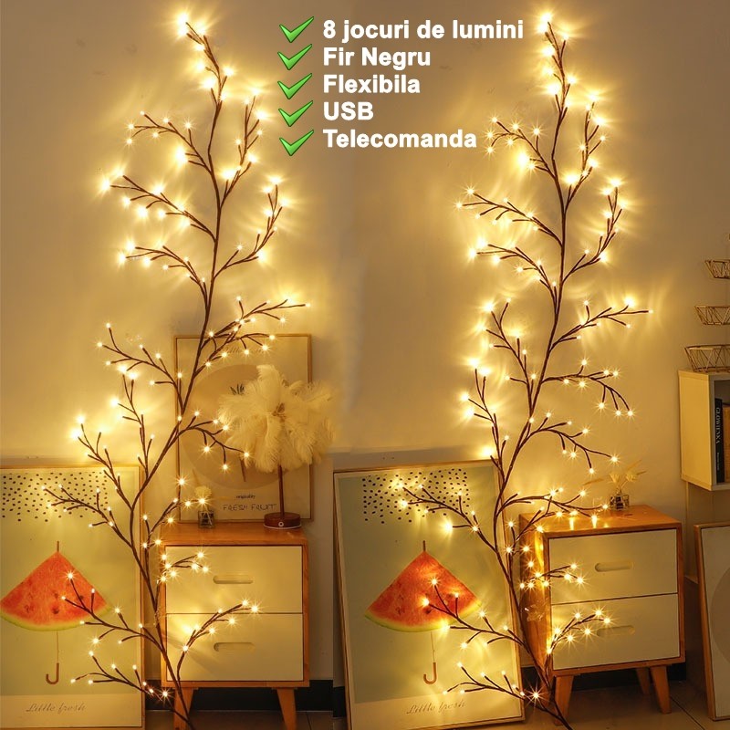 Instalatie Craciun tip Creanga Flippy, 144 LED-uri, Conectare USB, 8 Jocuri de Lumini, Telecomanda, 2.5 m, Prelungitor 2 m, 3V, Fir Negru, Alb Cald-7