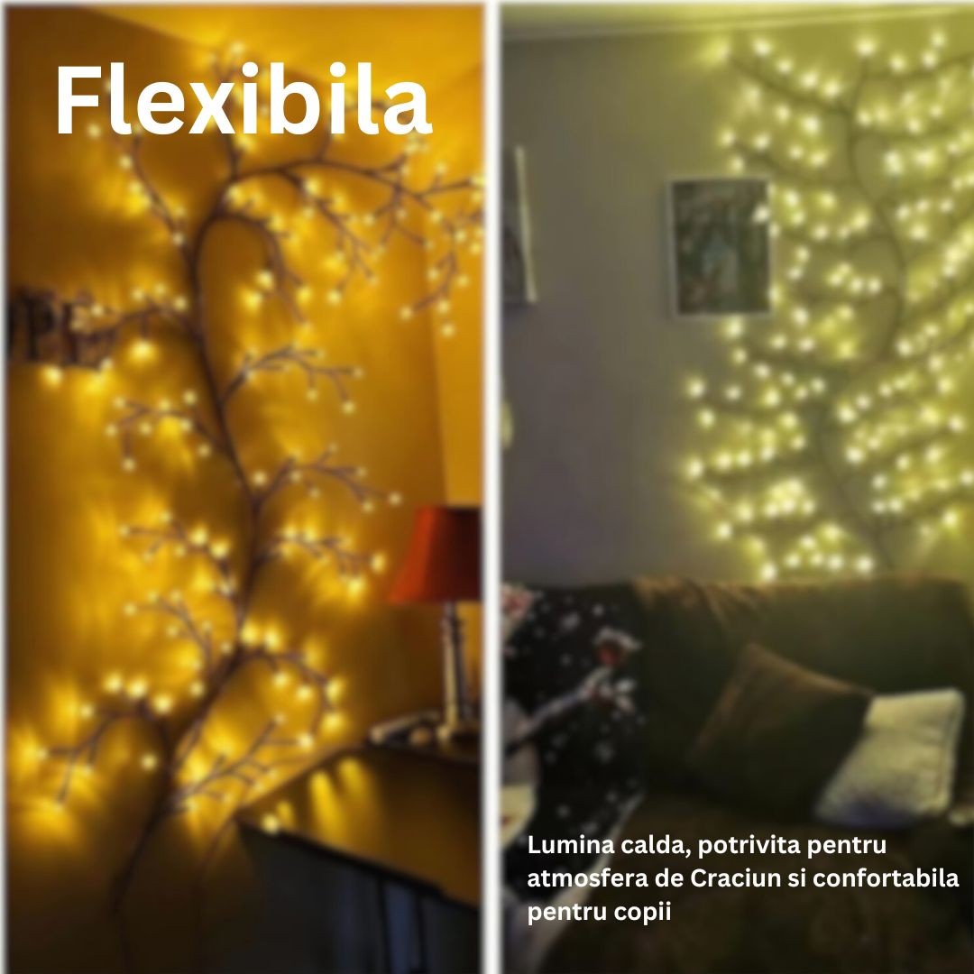 Instalatie Craciun tip Creanga Flippy, 144 LED-uri, Conectare USB, 8 Jocuri de Lumini, Telecomanda, 2.5 m, Prelungitor 2 m, 3V, Fir Negru, Alb Cald-9