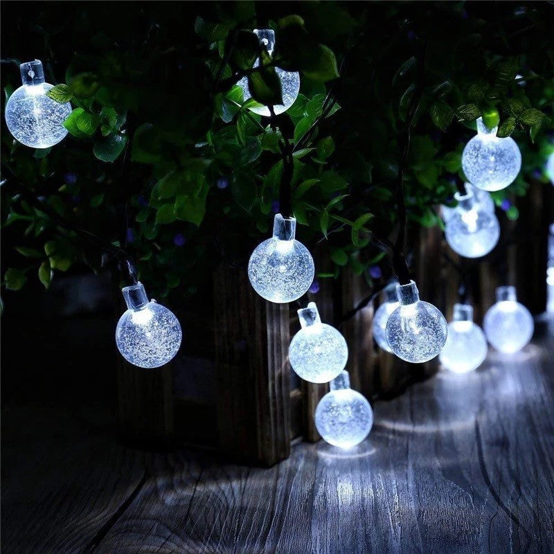 Instalatie Craciun, Tip Globuri de cristal, 100 Led-uri, 12 metri, Alb rece, Energie solara, Senzor de lumina, Flippy-7