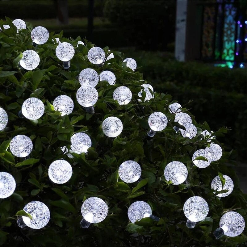 Instalatie Craciun, Tip Globuri de cristal, 50 Led-uri, 9.5 metri, Alb rece, Energie solara, Senzor de lumina, Flippy-7