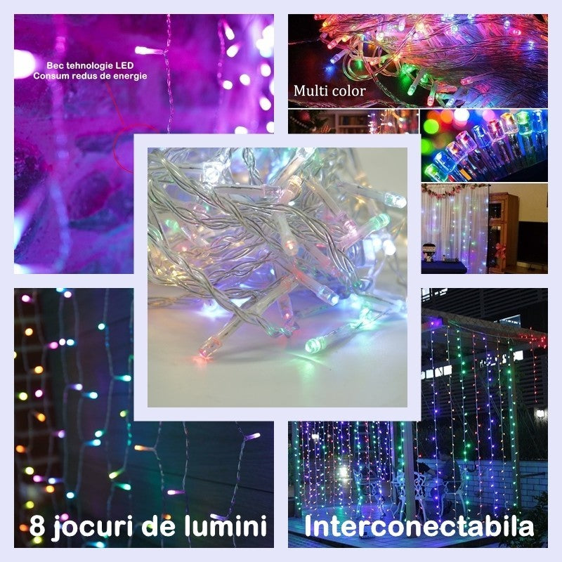 Instalatie Craciun, Tip Perdea, 1 m x 1 m, 60 LED-uri, Multicolor, Controler, 8 jocuri de lumini, Interconectabila, Fir transparent, Interior/ Exterior, Yoto-6