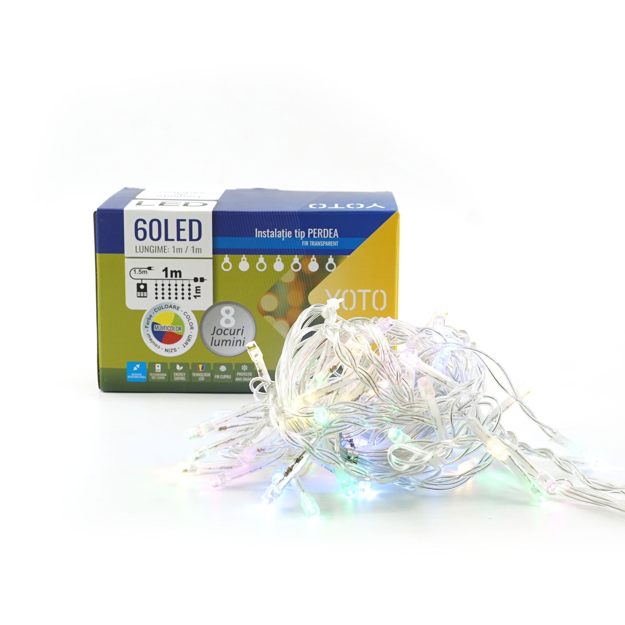 Instalatie Craciun, Tip Perdea, 1 m x 1 m, 60 LED-uri, Multicolor, Controler, 8 jocuri de lumini, Interconectabila, Fir transparent, Interior/ Exterior, Yoto-1
