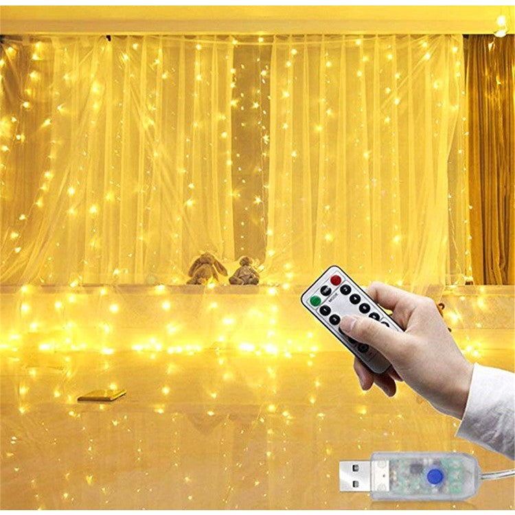Instalatie Craciun, Tip Perdea IP44, 3m x 3m, 300 Led-uri, Alb cald, USB si telecomanda cu 8 functii, Flippy-3