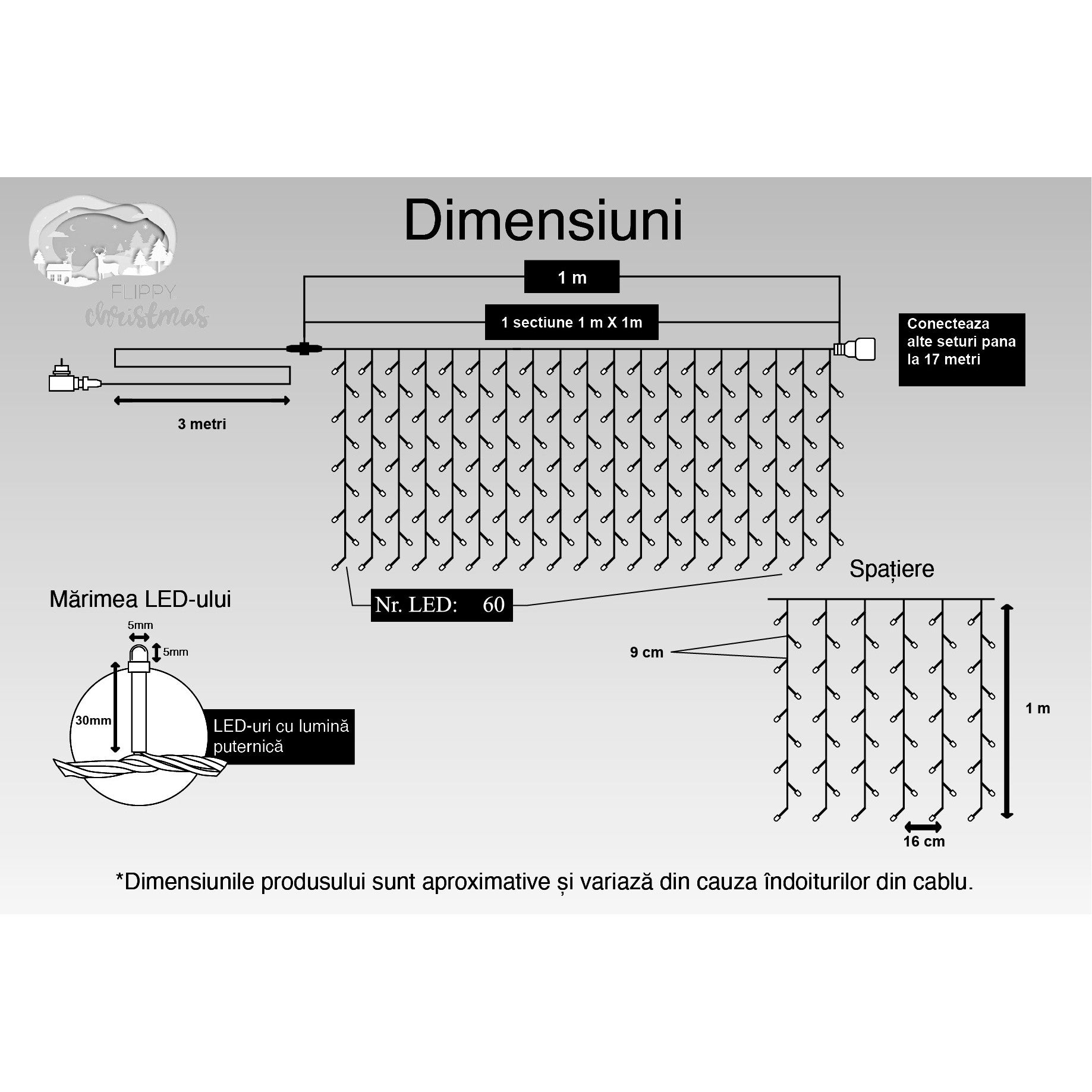 Instalatie Craciun, Tip Perdea, IP44, 1 m x 1 m, 60 LED-uri, Alb cald, cu flash, Transformator, Interconectabila, Prelungitor 3 m inclus, Fir transparent, Interior/ Exterior, Flippy-5