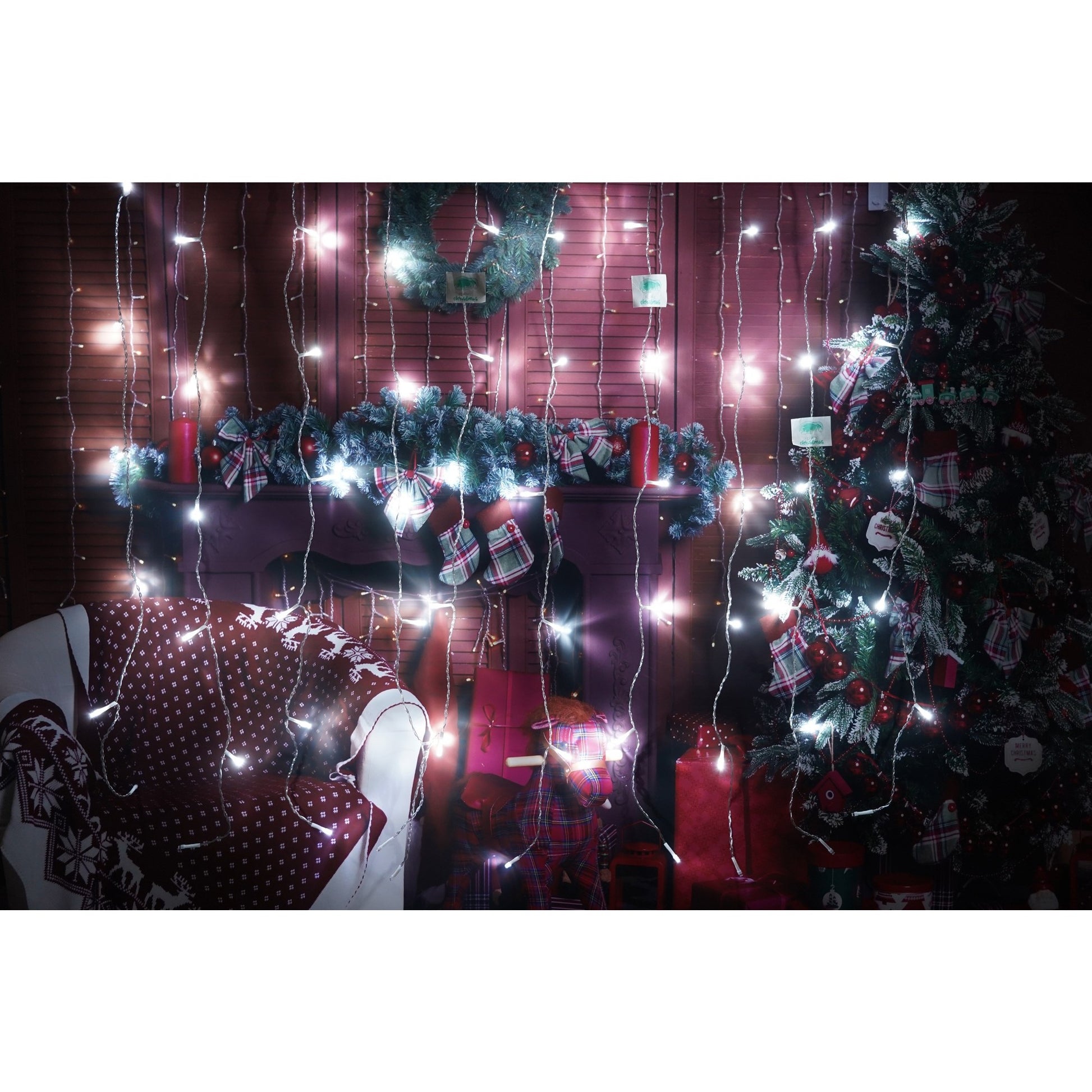 Instalatie Craciun, Tip Perdea, IP44, 1 m x 1 m, 60 LED-uri, Alb rece, cu flash, Transformator cu telecomanda, Interconectabila, Prelungitor 3 m inclus, Fir transparent, Interior/ Exterior, Flippy-4