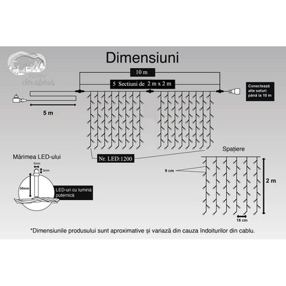Instalatie Craciun, Tip Perdea, IP44, 10 m x 2 m, 1200 LED-uri, Alb cald, 8 jocuri de lumini, Transformator, Interconectabila, Prelungitor 5 m inclus, Fir transparent, Interior/ Exterior, Flippy-10