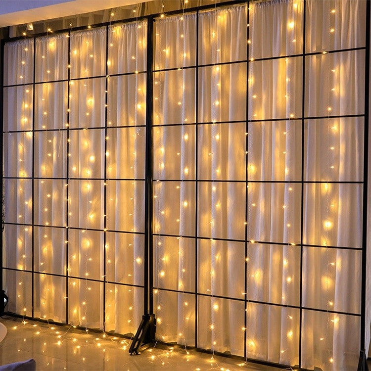 Instalatie Craciun, Tip Perdea, IP44, 11 m x 1 m, 660 LED-uri, Alb cald, 8 jocuri de lumini, Transformator, Interconectabila, Prelungitor 5 m inclus, Fir transparent, Interior/ Exterior, Flippy-1