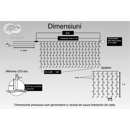 Instalatie Craciun, Tip Perdea, IP44, 2 m x 1 m, 120 LED-uri, Alb cald, 8 jocuri de lumini, Transformator, Interconectabila, Prelungitor 5 m inclus, Fir transparent, Interior/ Exterior, Flippy-10