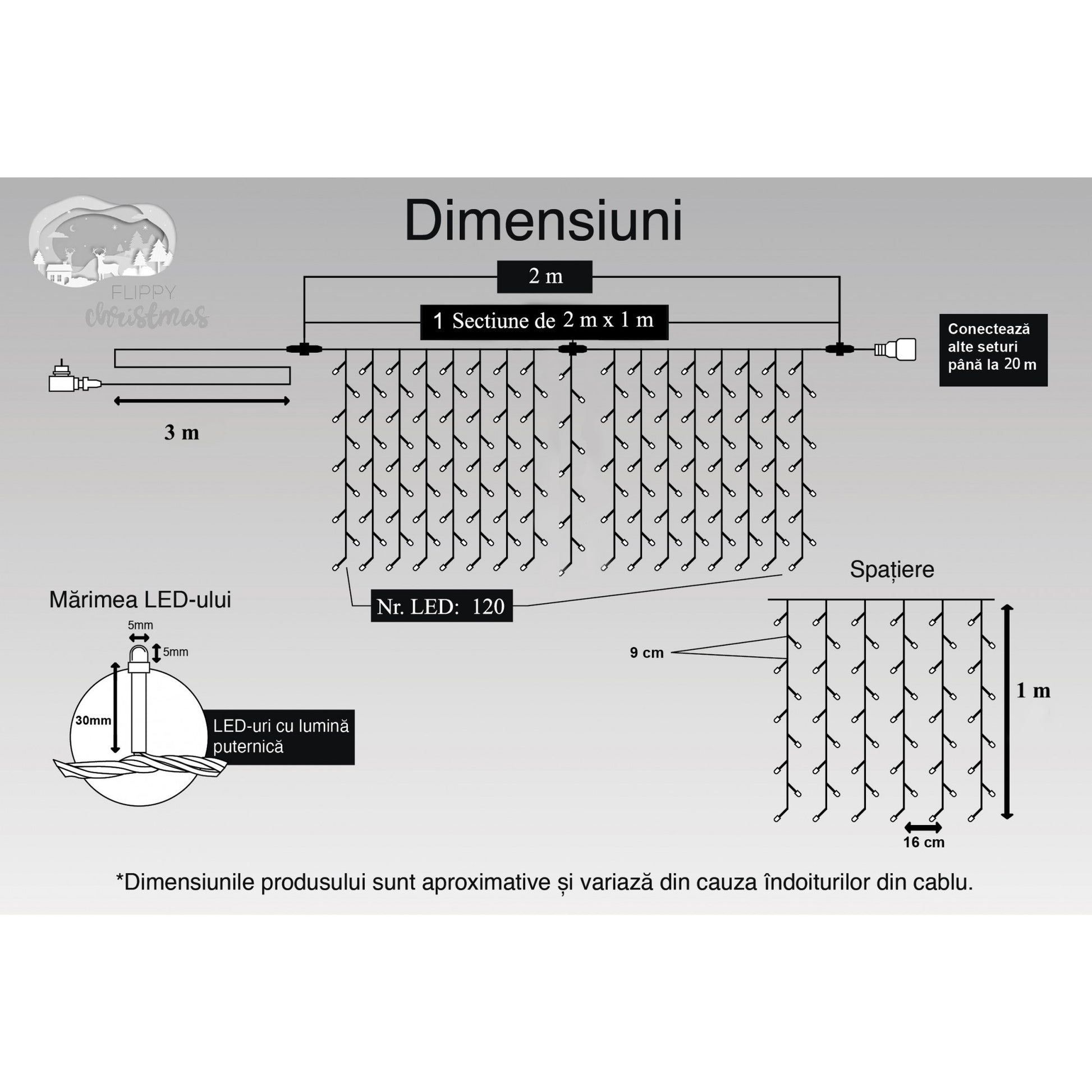 Instalatie Craciun, Tip Perdea, IP44, 2 m x 1 m, 120 LED-uri, Albastru, 8 jocuri de lumini, Transformator, Interconectabila, Prelungitor 3 m inclus, Fir transparent, Interior/ Exterior, Flippy-5