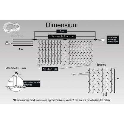 Instalatie Craciun, Tip Perdea, IP44, 2 m x 1 m, 120 LED-uri, Albastru, 8 jocuri de lumini, Transformator, Interconectabila, Prelungitor 3 m inclus, Fir transparent, Interior/ Exterior, Flippy-5