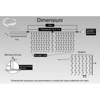 Instalatie Craciun, Tip Perdea, IP44, 2 m x 1 m, 120 LED-uri, Albastru, 8 jocuri de lumini, Transformator, Interconectabila, Prelungitor 3 m inclus, Fir transparent, Interior/ Exterior, Flippy-10