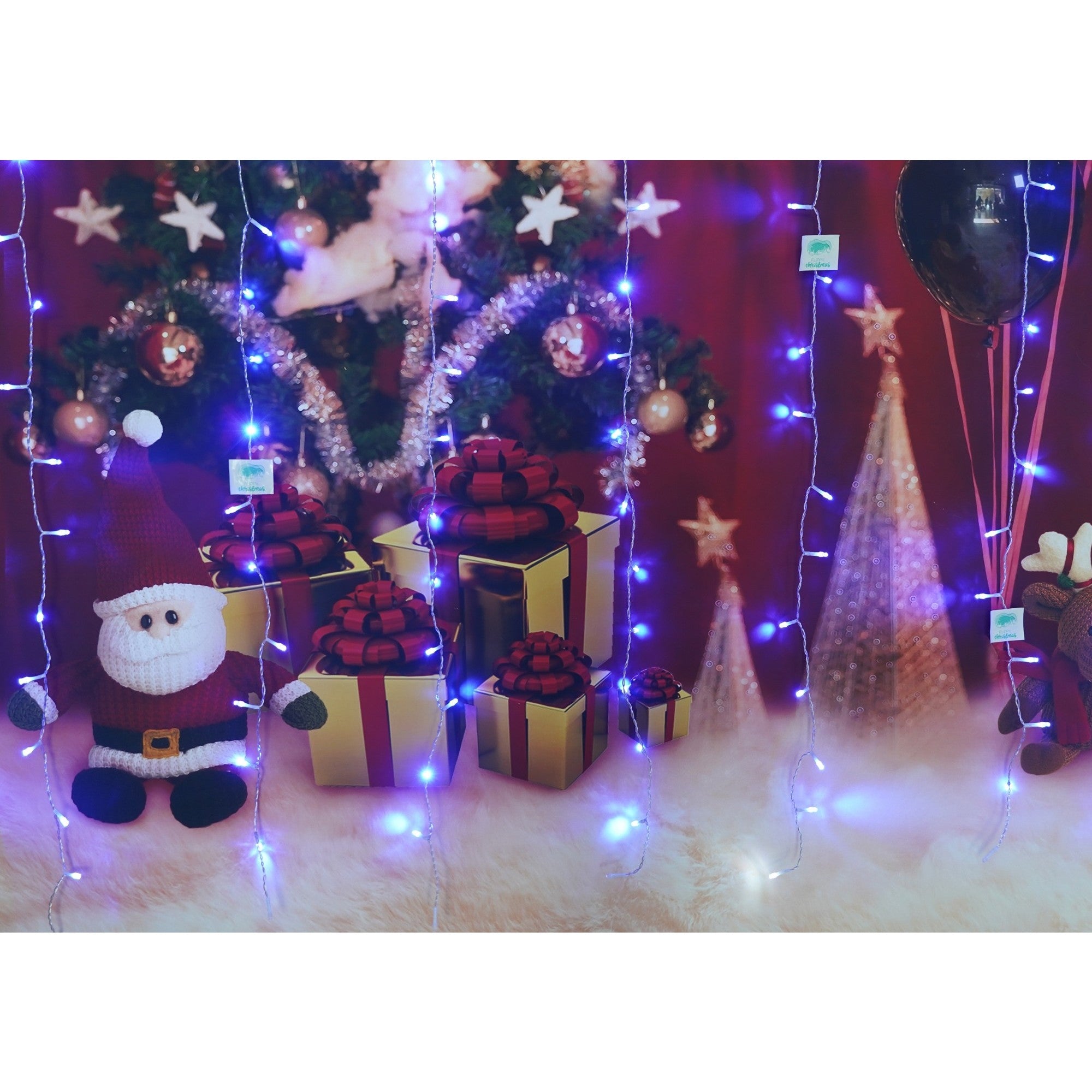 Instalatie Craciun, Tip Perdea, IP44, 2 m x 1 m, 120 LED-uri, Albastru, 8 jocuri de lumini, Transformator, Interconectabila, Prelungitor 5 m inclus, Fir transparent, Interior/ Exterior, Flippy-3