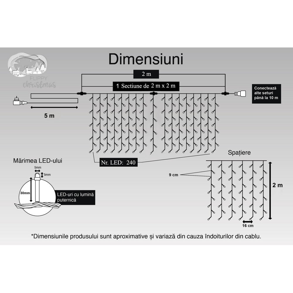 Instalatie Craciun, Tip Perdea, IP44, 2 m x 2 m, 240 LED-uri, Alb cald, 8 jocuri de lumini, Transformator, Interconectabila, Prelungitor 5 m inclus, Fir transparent, Interior/ Exterior, Flippy-10