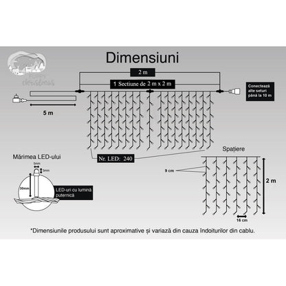 Instalatie Craciun, Tip Perdea, IP44, 2 m x 2 m, 240 LED-uri, Alb cald, 8 jocuri de lumini, Transformator, Interconectabila, Prelungitor 5 m inclus, Fir transparent, Interior/ Exterior, Flippy-10