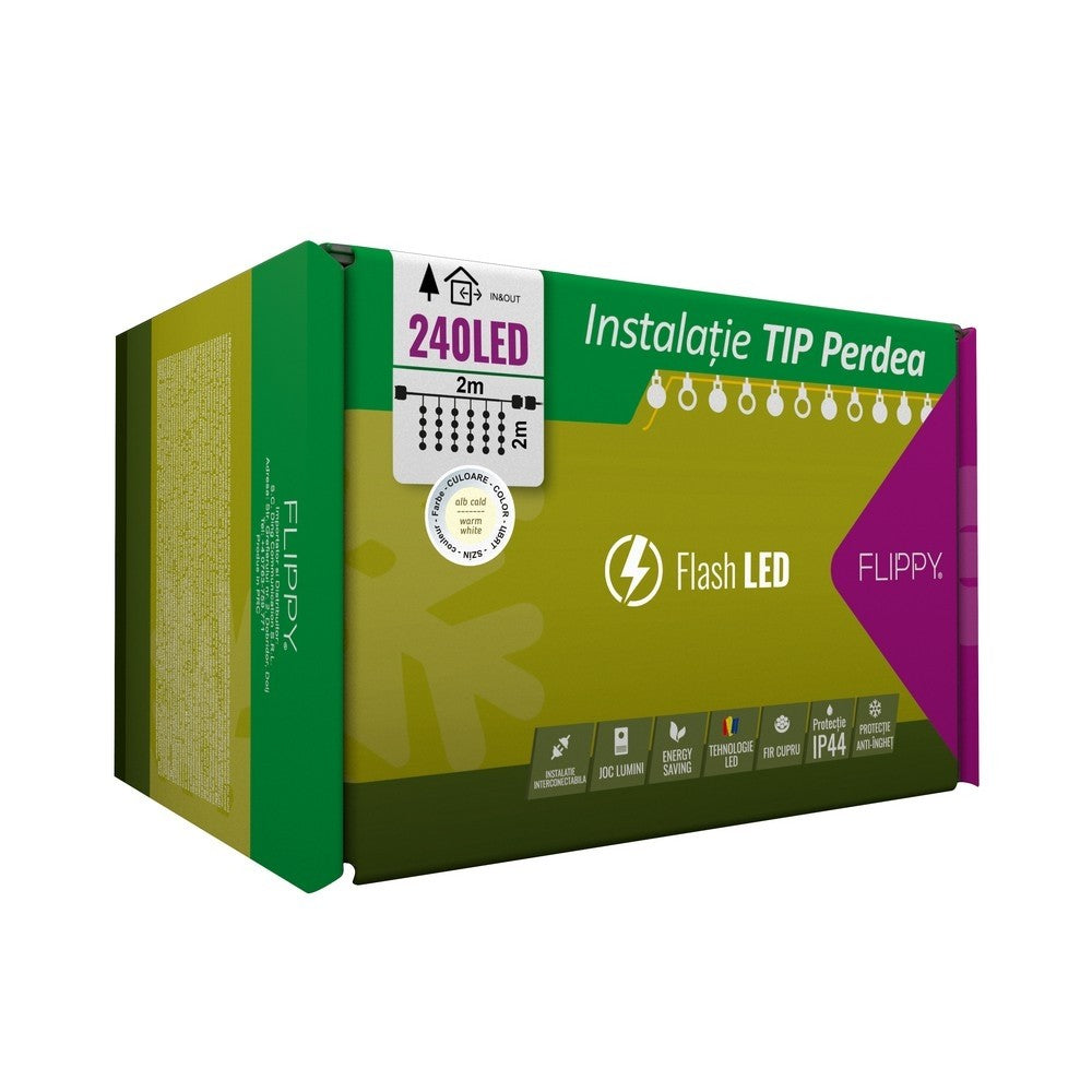 Instalatie Craciun, Tip Perdea, IP44, 2 m x 2 m, 240 LED-uri, Alb cald, cu flash, Transformator, Interconectabila, Prelungitor 3 m inclus, Fir transparent, Interior/ Exterior, Flippy-0
