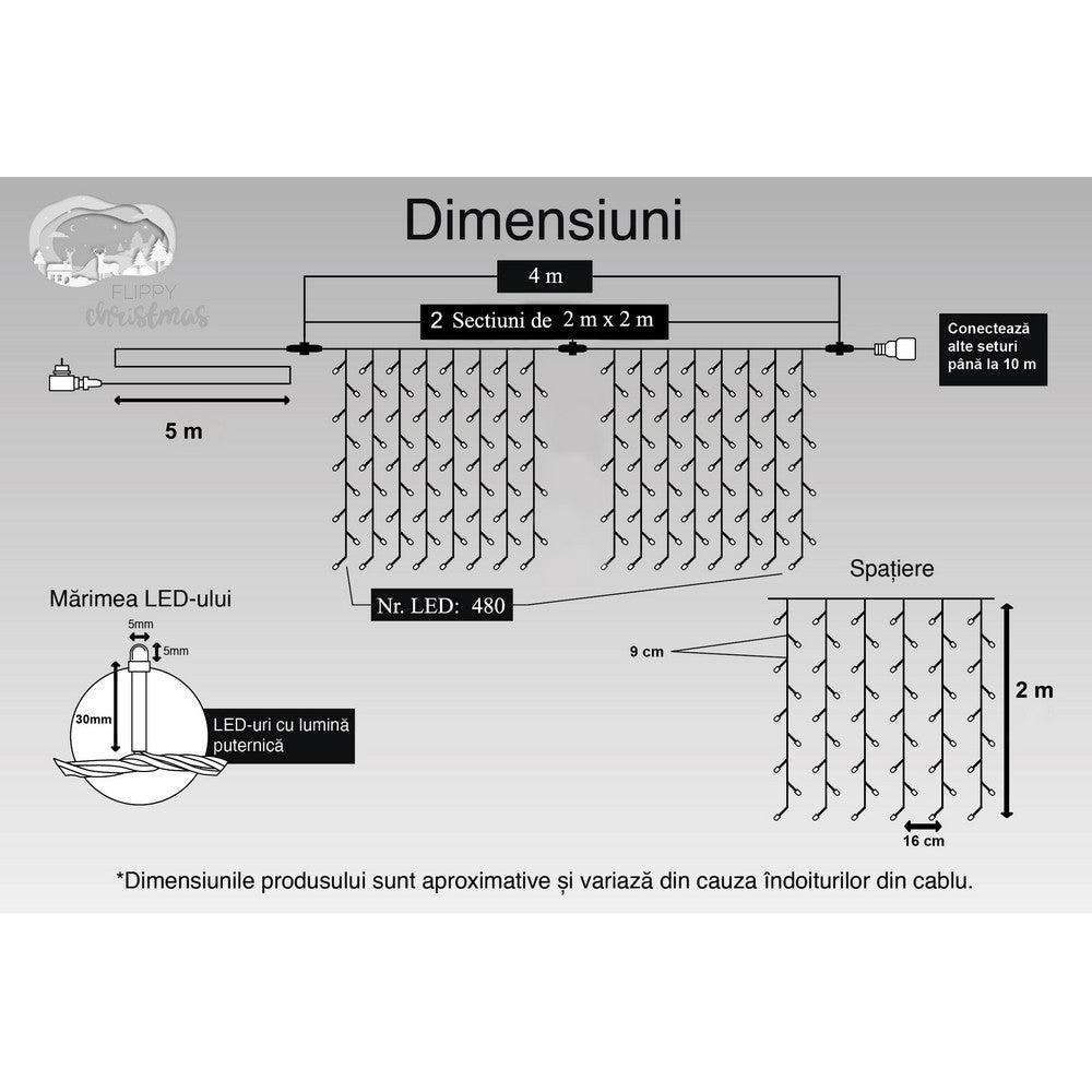 Instalatie Craciun, Tip Perdea, IP44, 4 m x 2 m, 480 LED-uri, Alb cald, 8 jocuri de lumini, Transformator, Interconectabila, Prelungitor 5 m inclus, Fir transparent, Interior/ Exterior, Flippy-10