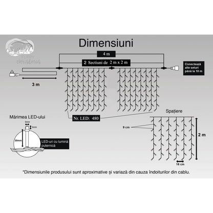 Instalatie Craciun, Tip Perdea, IP44, 4 m x 2 m, 480 LED-uri, Alb rece, 8 jocuri de lumini, Transformator cu telecomanda, Interconectabila, Prelungitor 3 m inclus, Fir transparent, Interior/ Exterior, Flippy-5