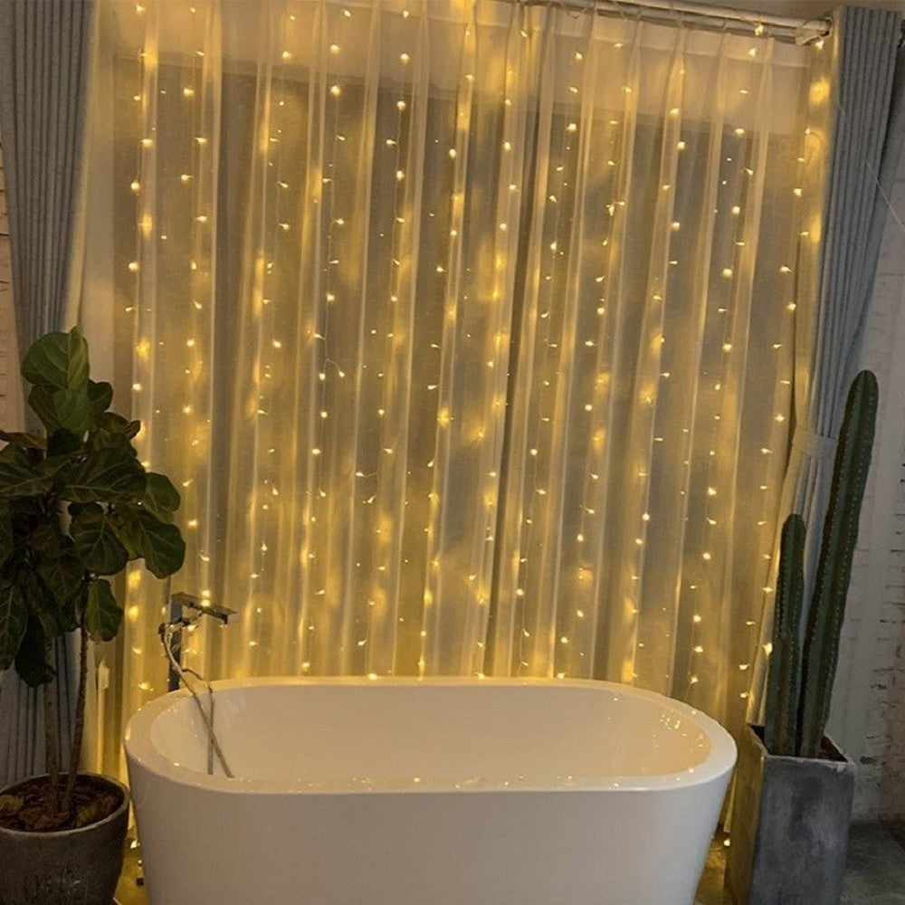 Instalatie Craciun, Tip Perdea, IP44, 5 m x 1 m, 300 LED-uri, Alb cald, 8 jocuri de lumini, Transformator, Interconectabila, Prelungitor 5 m inclus, Fir transparent, Interior/ Exterior, Flippy-7