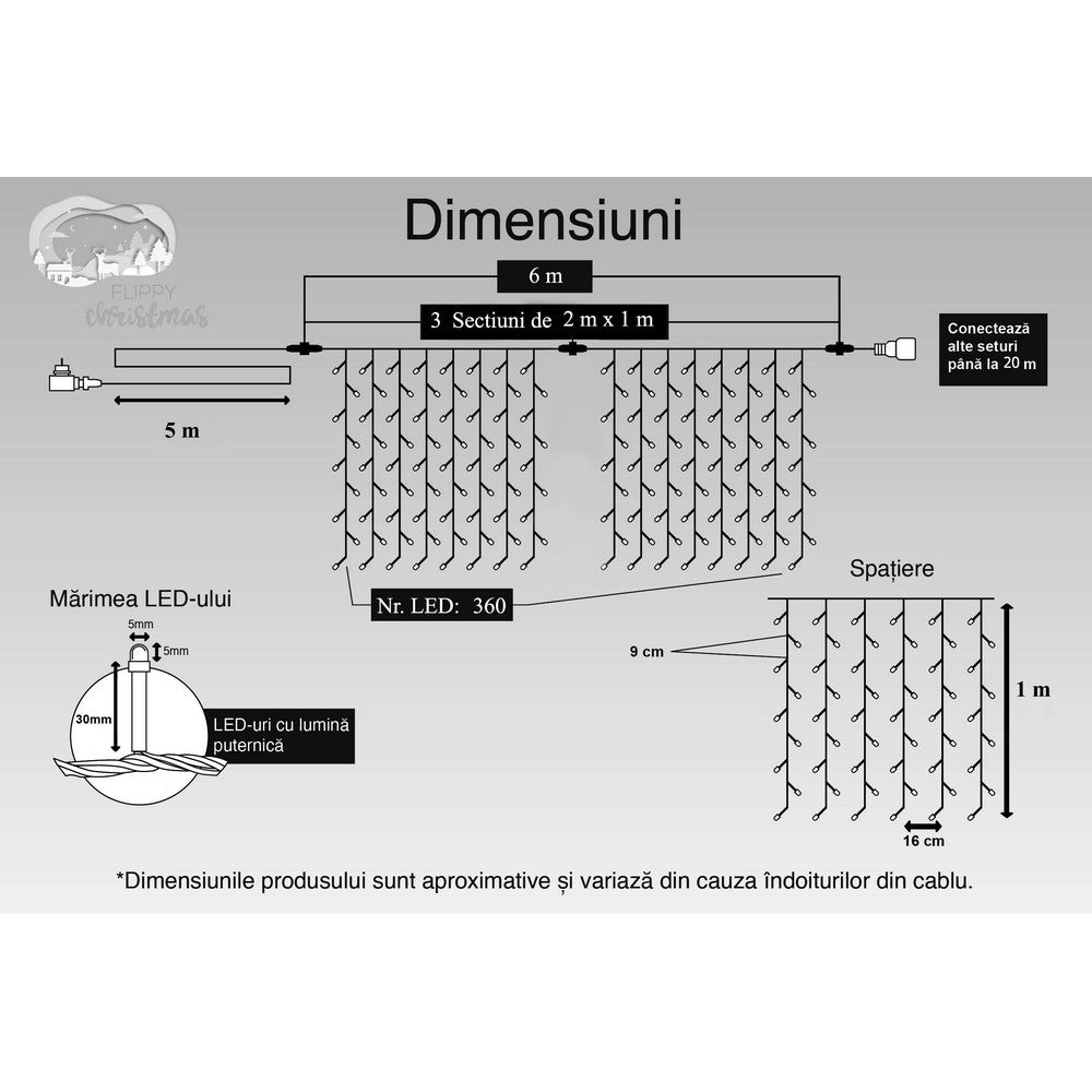 Instalatie Craciun, Tip Perdea, IP44, 6 m x 1 m, 360 LED-uri, Albastru, 8 jocuri de lumini, Transformator, Interconectabila, Prelungitor 5 m inclus, Fir transparent, Interior/ Exterior, Flippy-10