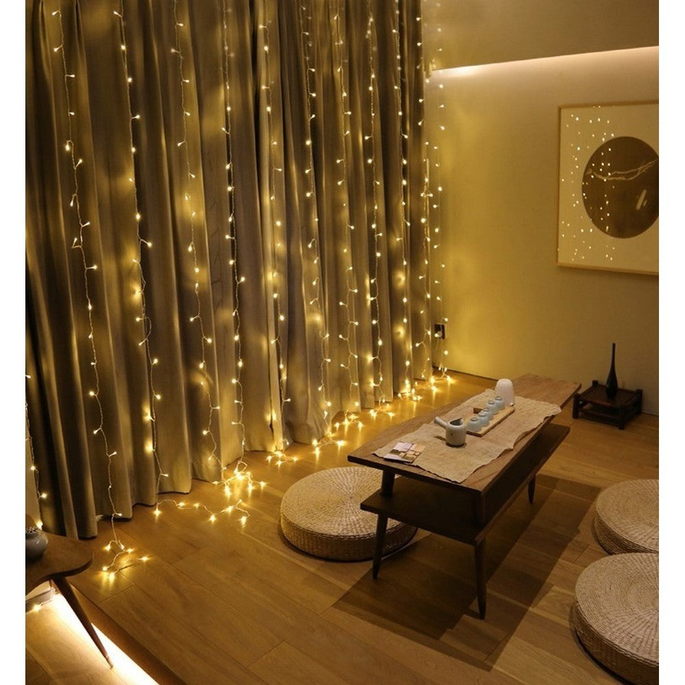 Instalatie Craciun, Tip Perdea, IP44, 6 m x 2 m, 720 LED-uri, Alb cald, 8 jocuri de lumini, Transformator cu telecomanda, Interconectabila, Prelungitor 5 m inclus, Fir transparent, Interior/ Exterior, Flippy-7