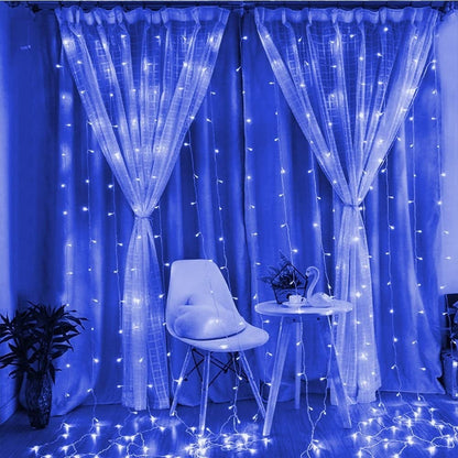 Instalatie Craciun, Tip Perdea, IP44, 6 m x 2 m, 720 LED-uri, Albastru, 8 jocuri de lumini, Transformator cu telecomanda, Interconectabila, Prelungitor 5 m inclus, Fir transparent, Interior/ Exterior, Flippy-1