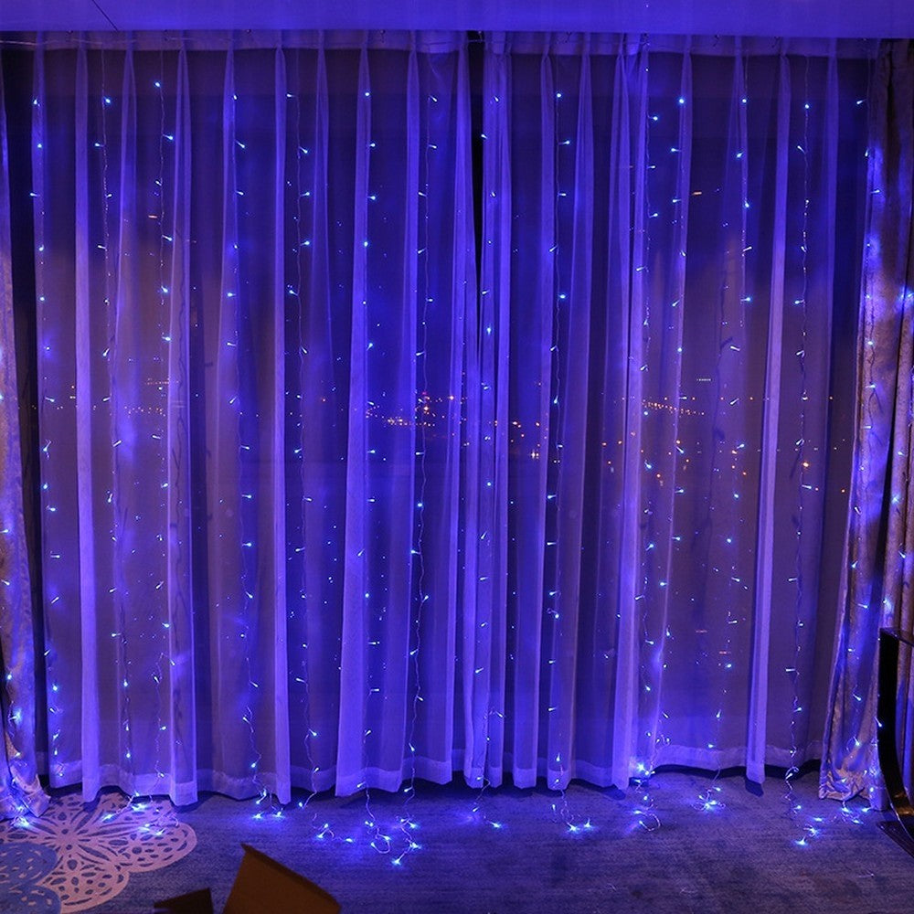 Instalatie Craciun, Tip Perdea, IP44, 6 m x 2 m, 720 LED-uri, Albastru, 8 jocuri de lumini, Transformator cu telecomanda, Interconectabila, Prelungitor 5 m inclus, Fir transparent, Interior/ Exterior, Flippy-8