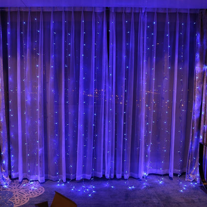 Instalatie Craciun, Tip Perdea, IP44, 6 m x 2 m, 720 LED-uri, Albastru, 8 jocuri de lumini, Transformator cu telecomanda, Interconectabila, Prelungitor 5 m inclus, Fir transparent, Interior/ Exterior, Flippy-8