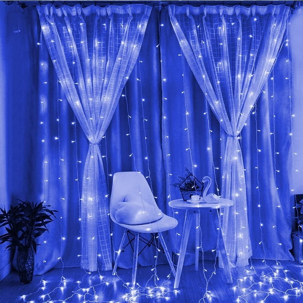 Instalatie Craciun, Tip Perdea, IP44, 6 m x 2 m, 720 LED-uri, Albastru, 8 jocuri de lumini, Transformator, Interconectabila, Prelungitor 3 m inclus, Fir transparent, Interior/ Exterior, Flippy-6