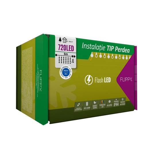 Instalatie Craciun, Tip Perdea, IP44, 6 m x 2 m, 720 LED-uri, Albastru, cu flash, Transformator cu telecomanda, Interconectabila, Prelungitor 3 m inclus, Fir transparent, Interior/ Exterior, Flippy-0