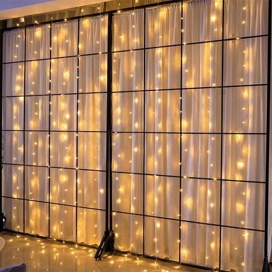 Instalatie Craciun, Tip Perdea, IP44, 8 m x 1 m, 480 LED-uri, Alb cald, 8 jocuri de lumini, Transformator, Interconectabila, Prelungitor 3 m inclus, Fir transparent, Interior/ Exterior, Flippy-1