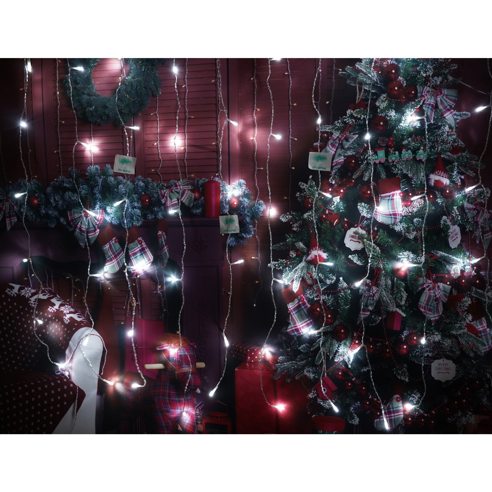 Instalatie Craciun, Tip Perdea, IP44, 8 m x 1 m, 480 LED-uri, Alb rece, 8 jocuri de lumini, Transformator, Interconectabila, Prelungitor 3 m inclus, Fir transparent, Interior/ Exterior, Flippy-4