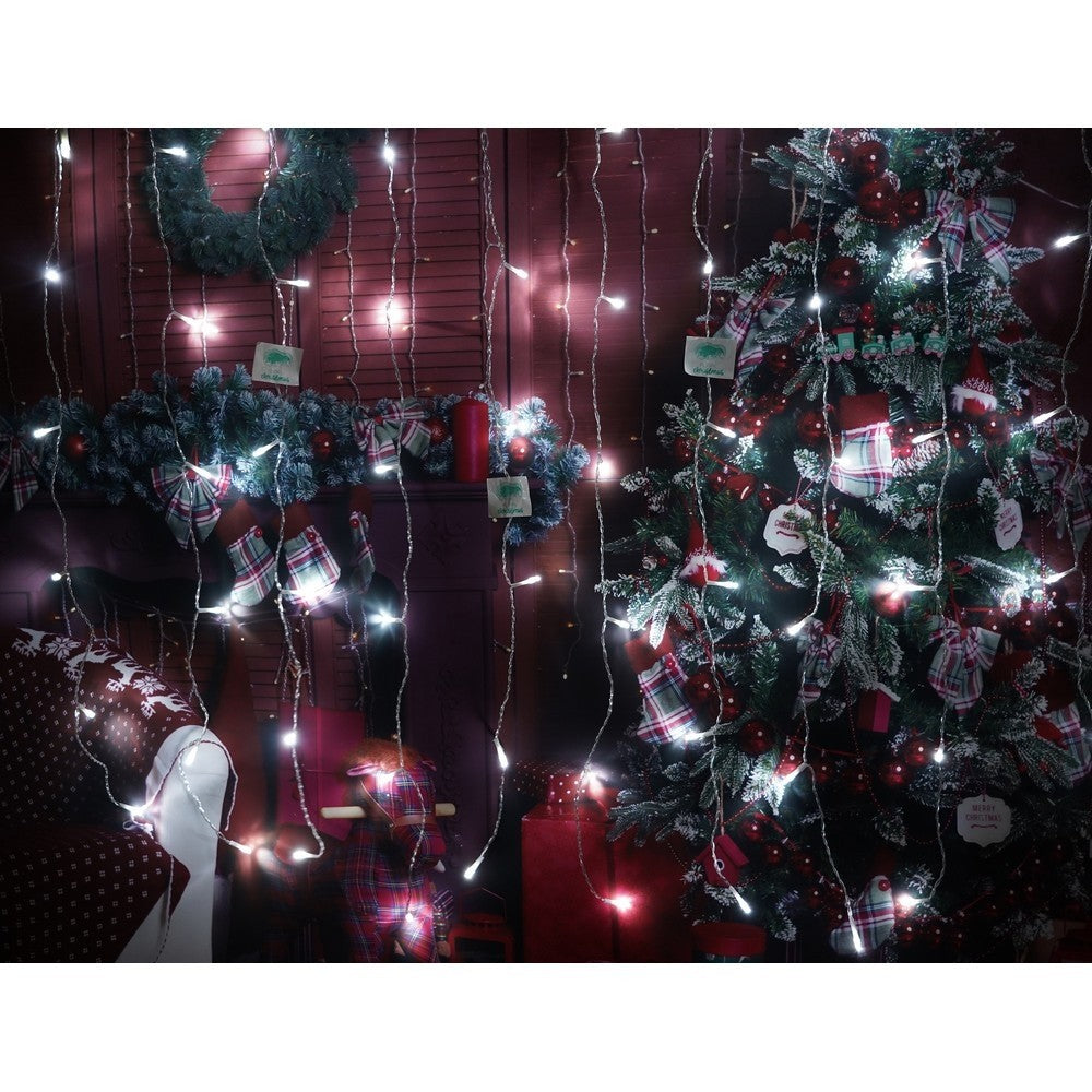 Instalatie Craciun, Tip Perdea, IP44, 8 m x 1 m, 480 LED-uri, Alb rece, 8 jocuri de lumini, Transformator, Interconectabila, Prelungitor 5 m inclus, Fir transparent, Interior/ Exterior, Flippy-9