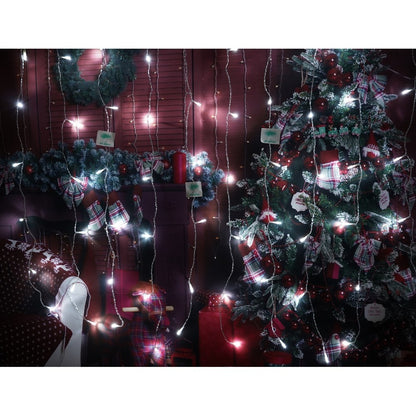 Instalatie Craciun, Tip Perdea, IP44, 8 m x 1 m, 480 LED-uri, Alb rece, 8 jocuri de lumini, Transformator, Interconectabila, Prelungitor 5 m inclus, Fir transparent, Interior/ Exterior, Flippy-9