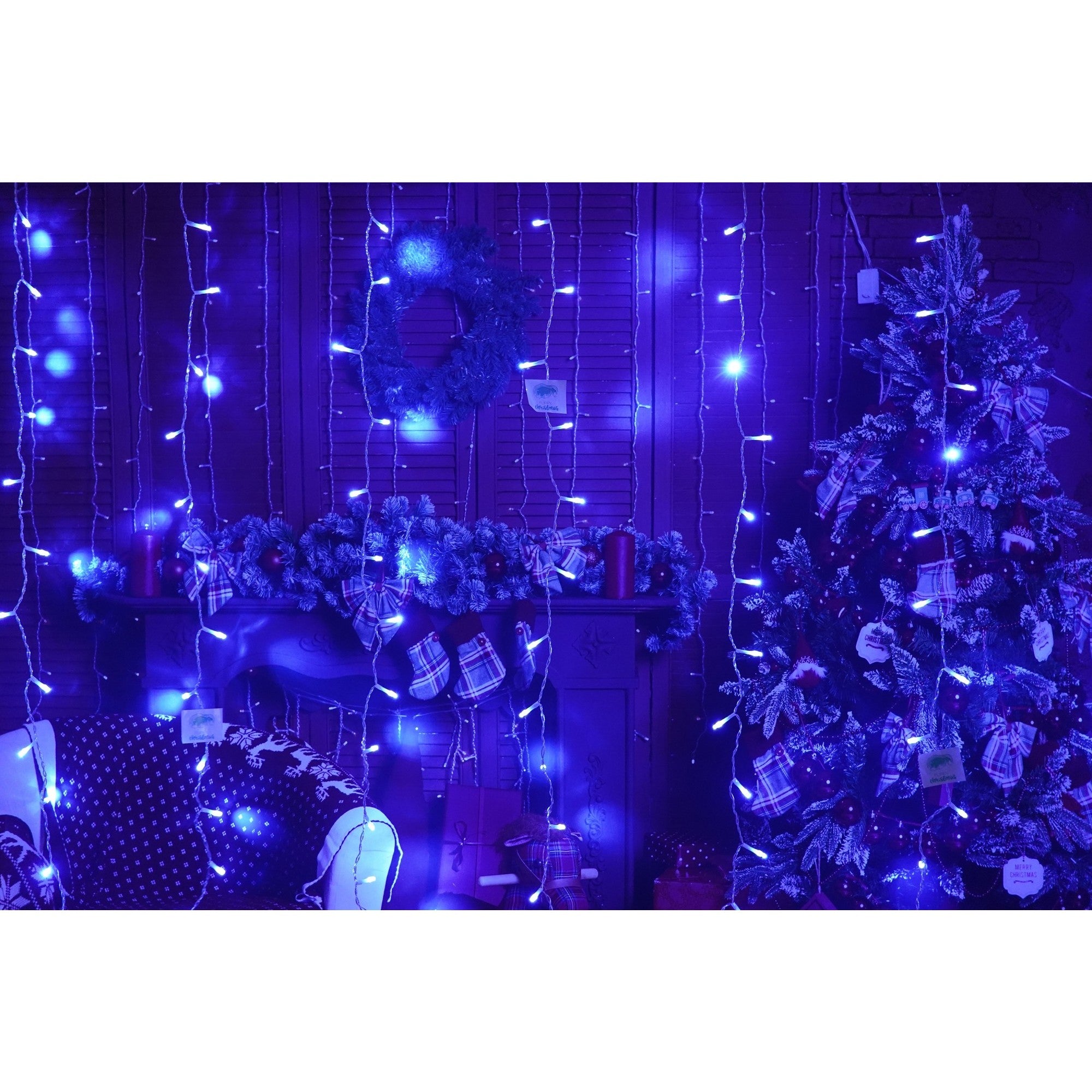 Instalatie Craciun, Tip Perdea, IP44, 8 m x 1 m, 480 LED-uri, Albastru, 8 jocuri de lumini, Transformator cu telecomanda, Interconectabila, Prelungitor 5 m inclus, Fir transparent, Interior/ Exterior, Flippy-1