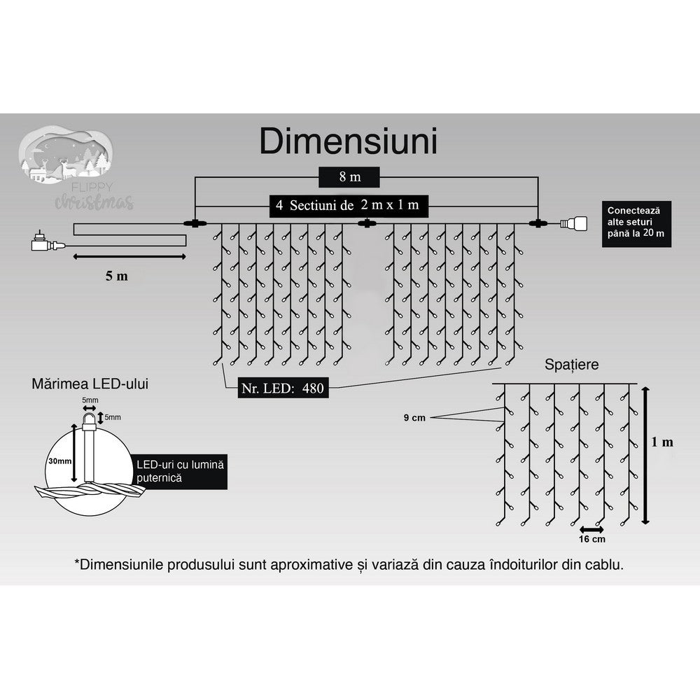 Instalatie Craciun, Tip Perdea, IP44, 8 m x 1 m, 480 LED-uri, Albastru, 8 jocuri de lumini, Transformator, Interconectabila, Prelungitor 5 m inclus, Fir transparent, Interior/ Exterior, Flippy-10