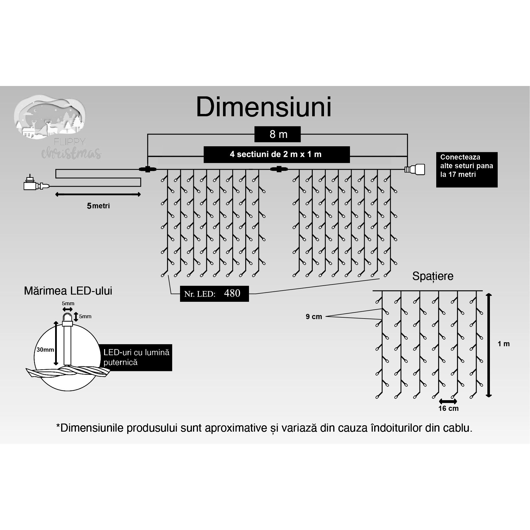Instalatie Craciun, Tip Perdea, IP44, 8 m x 1 m, 480 LED-uri, Albastru, cu flash, Transformator, Interconectabila, Prelungitor 5 m inclus, Fir transparent, Interior/ Exterior, Flippy-5