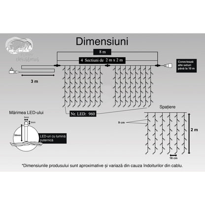 Instalatie Craciun, Tip Perdea, IP44, 8 m x 2 m, 960 LED-uri, Alb cald, 8 jocuri de lumini, Transformator, Interconectabila, Prelungitor 3 m inclus, Fir transparent, Interior/ Exterior, Flippy-5