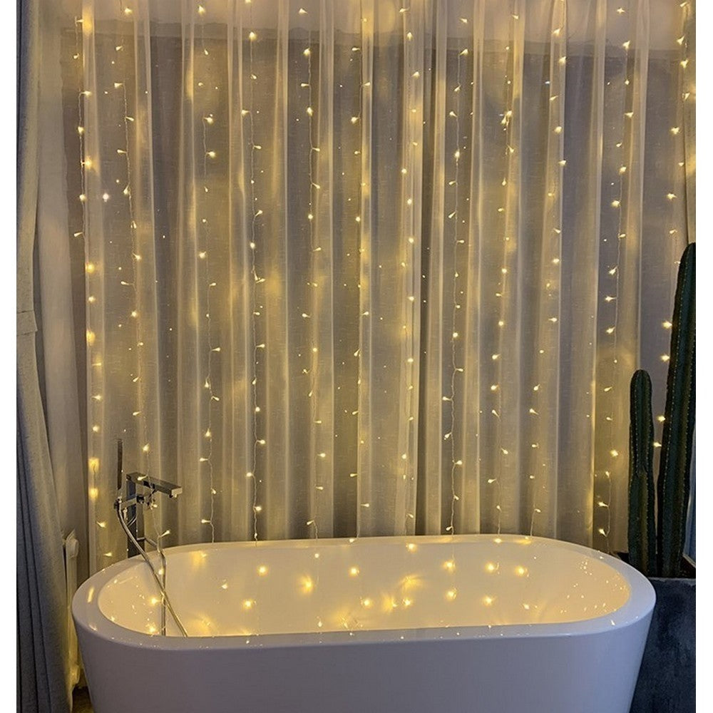 Instalatie Craciun, Tip Perdea, IP44, 8 m x 2 m, 960 LED-uri, Alb cald, 8 jocuri de lumini, Transformator, Interconectabila, Prelungitor 5 m inclus, Fir transparent, Interior/ Exterior, Flippy-8
