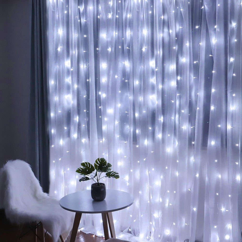 Instalatie Craciun, Tip Perdea, IP44, 8 m x 2 m, 960 LED-uri, Alb rece, 8 jocuri de lumini, Transformator, Interconectabila, Prelungitor 5 m inclus, Fir transparent, Interior/ Exterior, Flippy-7