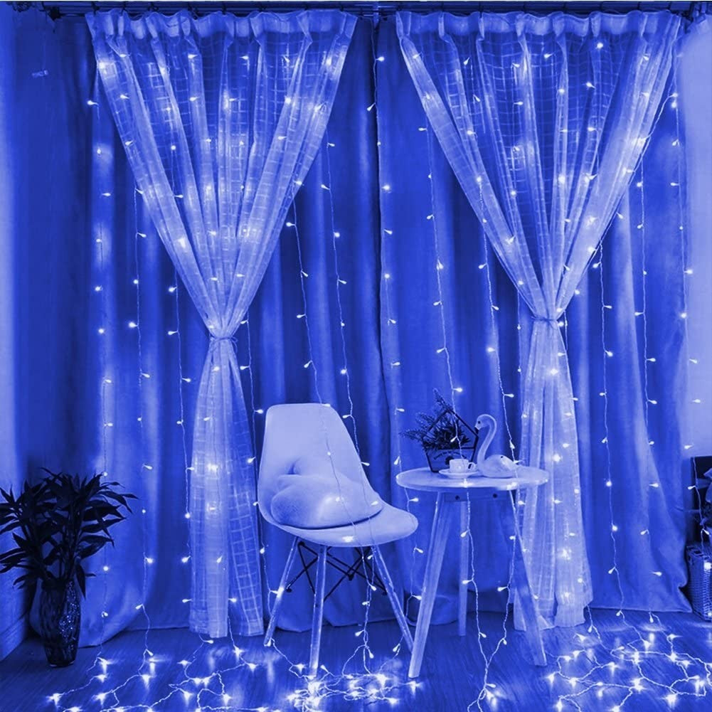 Instalatie Craciun, Tip Perdea, IP44, 8 m x 2 m, 960 LED-uri, Albastru, 8 jocuri de lumini, Transformator cu telecomanda, Interconectabila, Prelungitor 3 m inclus, Fir transparent, Interior/ Exterior, Flippy-1
