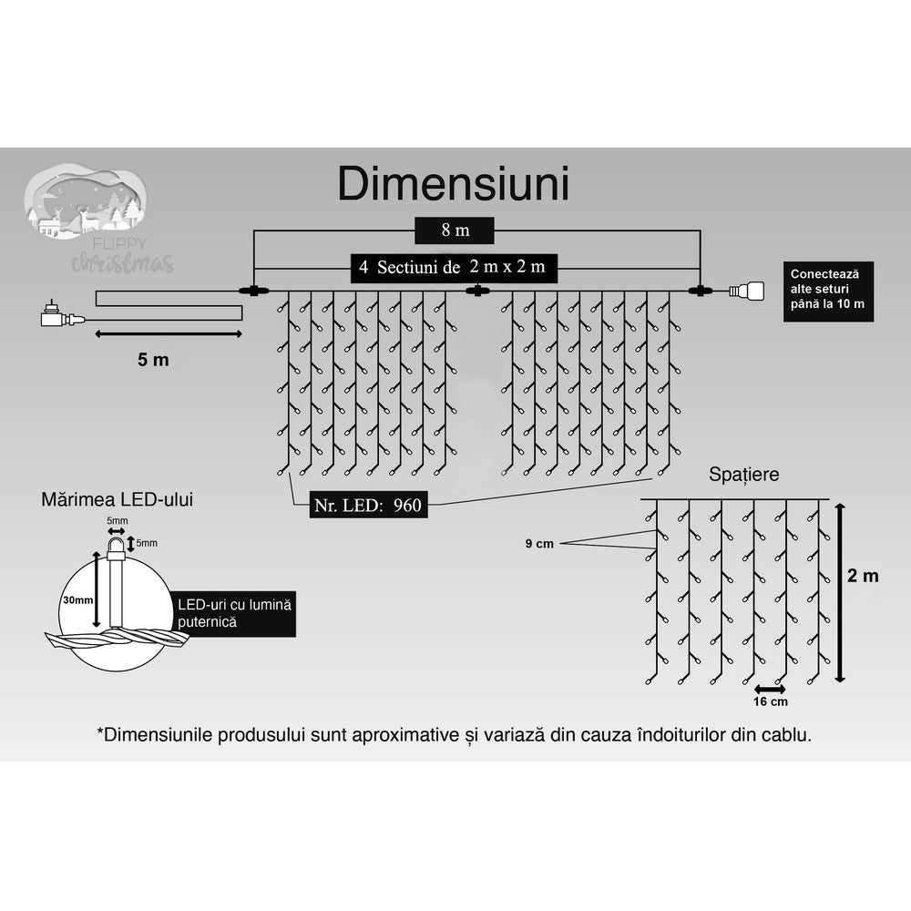 Instalatie Craciun, Tip Perdea, IP44, 8 m x 2 m, 960 LED-uri, Albastru, 8 jocuri de lumini, Transformator, Interconectabila, Prelungitor 5 m inclus, Fir transparent, Interior/ Exterior, Flippy-10