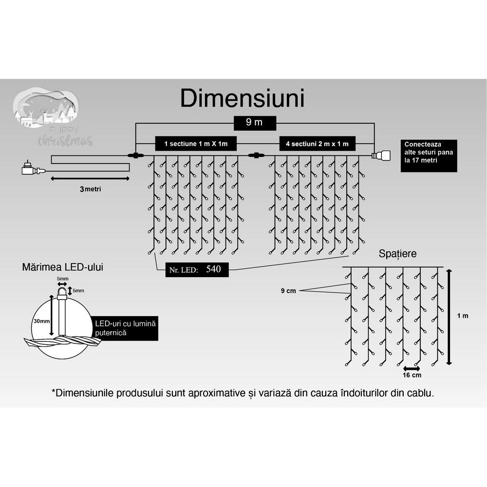 Instalatie Craciun, Tip Perdea, IP44, 9 m x 1 m, 540 LED-uri, Albastru, cu flash, Transformator, Interconectabila, Prelungitor 3 m inclus, Fir transparent, Interior/ Exterior, Flippy-10