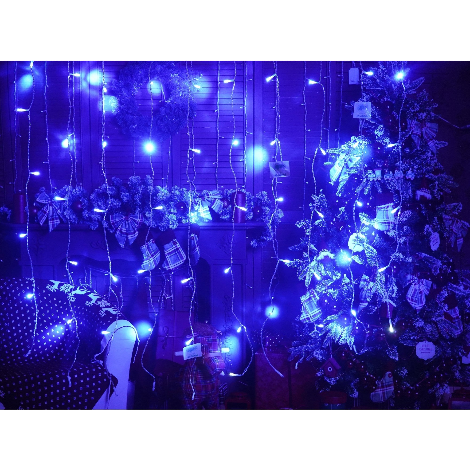 Instalatie Craciun, Tip Perdea, IP44, 9 m x 1 m, 540 LED-uri, Albastru, cu flash, Transformator, Interconectabila, Prelungitor 5 m inclus, Fir transparent, Interior/ Exterior, Flippy-1