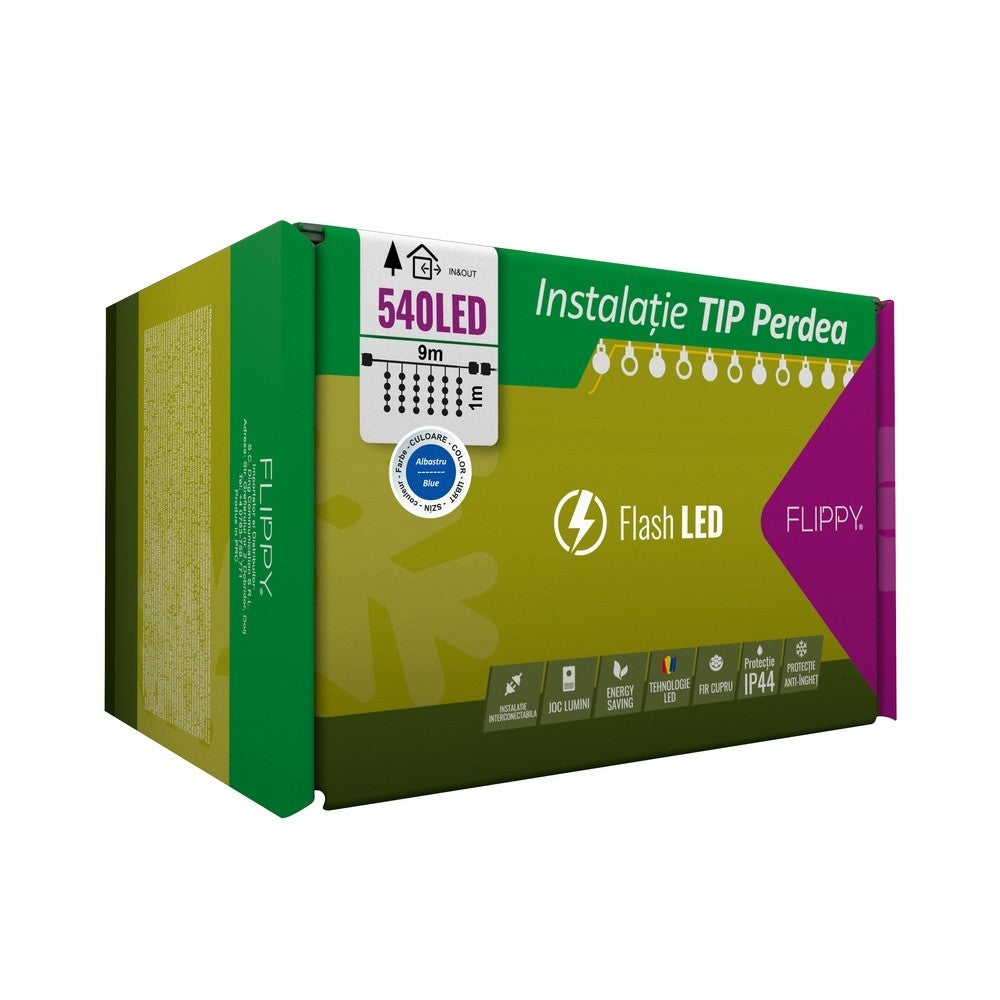 Instalatie Craciun, Tip Perdea, IP44, 9 m x 1 m, 540 LED-uri, Albastru, cu flash, Transformator, Interconectabila, Prelungitor 5 m inclus, Fir transparent, Interior/ Exterior, Flippy-0