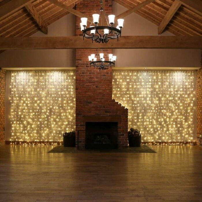 Instalatie Craciun, Tip Perdea, IP44, 9 m x 3 m, 720 LED-uri, Alb Cald, cu 8 jocuri de lumini, 31 V, 9W, Interconectabila, Prelungitor 3 m inclus, Fir transparent, Interior/ Exterior, Flippy-2
