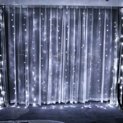 Instalatie Craciun, Tip Perdea, IP44, 9 m x 3 m, 720 LED-uri, Alb rece, cu 8 jocuri de lumini, 31 V, 9W, Interconectabila, Prelungitor 3 m inclus, Fir transparent, Interior/ Exterior, Flippy-0