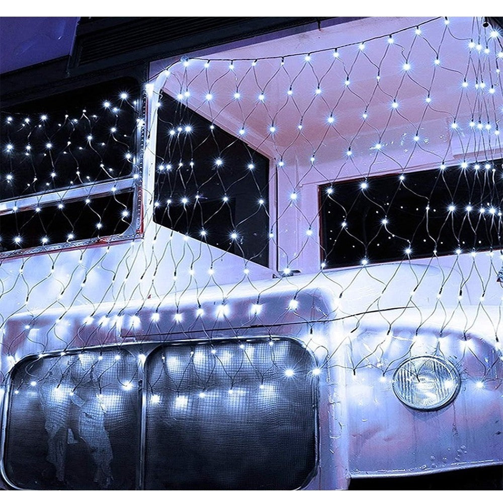 Instalatie Craciun, Tip Plasa, 3 m x 1.5 m, 240 LED-uri, Alb rece, 8 jocuri de lumini, Transformator, Interconectabila, Prelungitor 3 m inclus, Fir transparent, Flippy-1