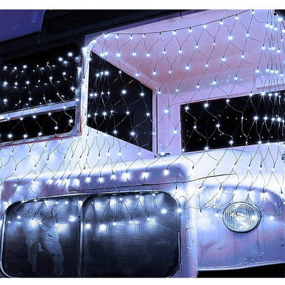 Instalatie Craciun, Tip Plasa, 3 m x 1.5 m, 240 LED-uri, Alb rece, 8 jocuri de lumini, Transformator, Interconectabila, Prelungitor 5 m inclus, Fir transparent, Flippy-1