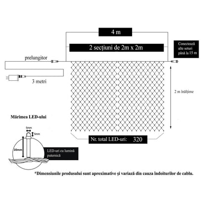 Instalatie Craciun, Tip Plasa, 3 m x 2 m, 240 LED-uri, Albastru, 8 jocuri de lumini, Transformator, Interconectabila, Prelungitor 3 m inclus, Fir transparent, Flippy-5