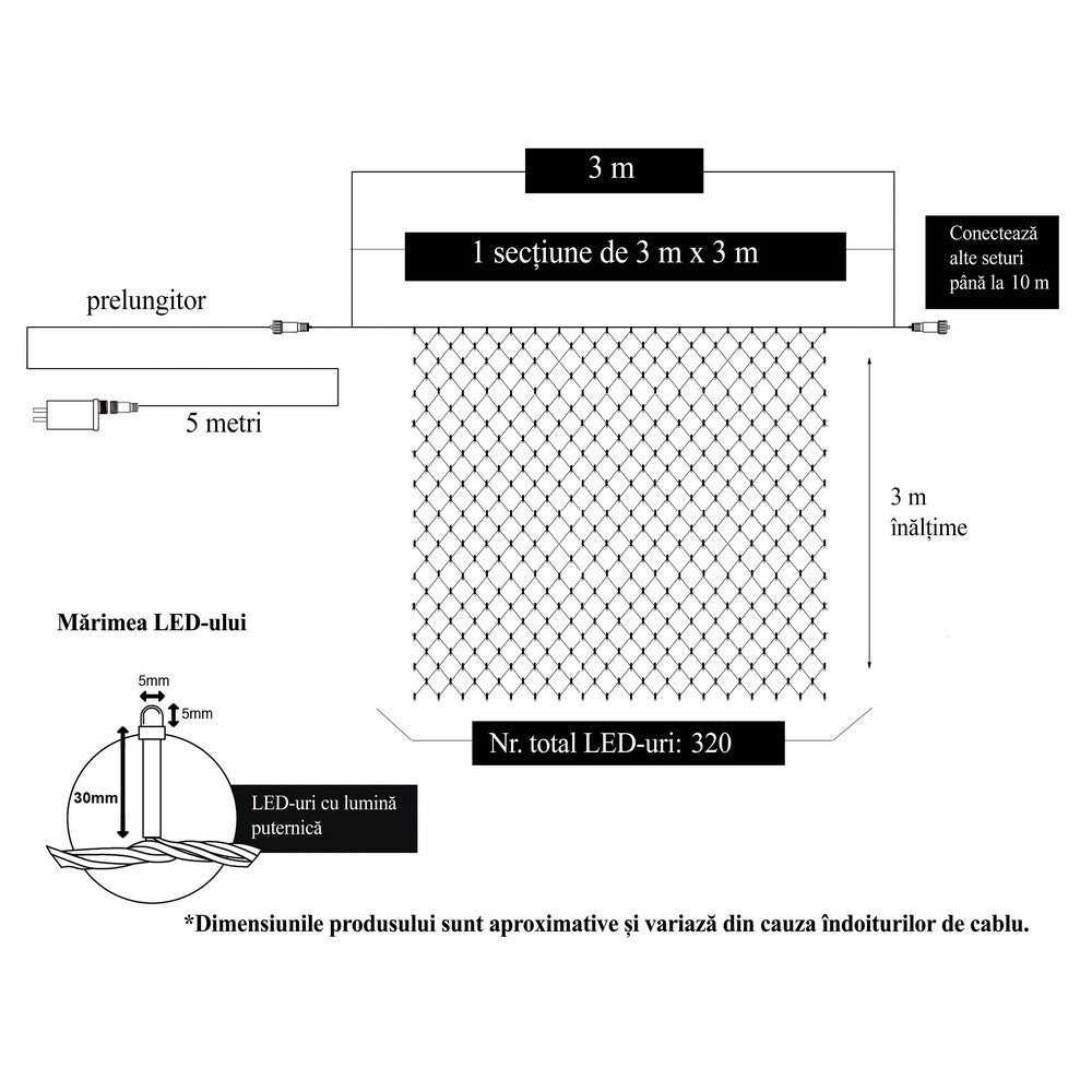 Instalatie Craciun, Tip Plasa, 3 m x 3 m, 320 LED-uri, Alb rece, 8 jocuri de lumini, Transformator cu telecomanda, Interconectabila, Prelungitor 5 m inclus, Fir transparent, Flippy-5